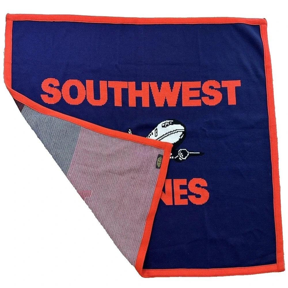 Southwest Airlines Blanket 100% Acrylic Vtg 80s USA Airplane Red Blue Logo Knits